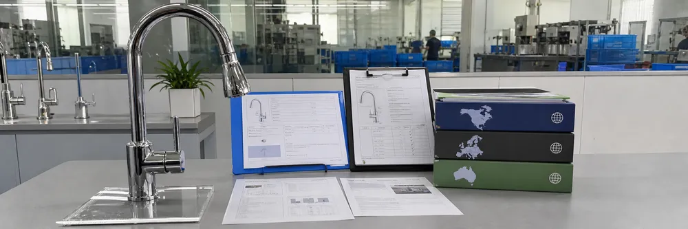 Chrome kitchen faucet compliance certifications — cUPC, CE, and WaterMark documentation prepared for North America, Europe, and Australia