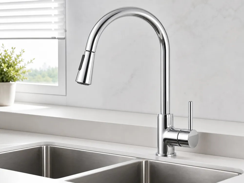 Gooseneck kitchen faucet in chrome finish