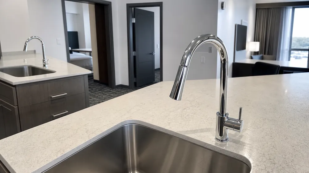 Chrome kitchen faucets installed in hospitality or multi-unit residential project kitchen