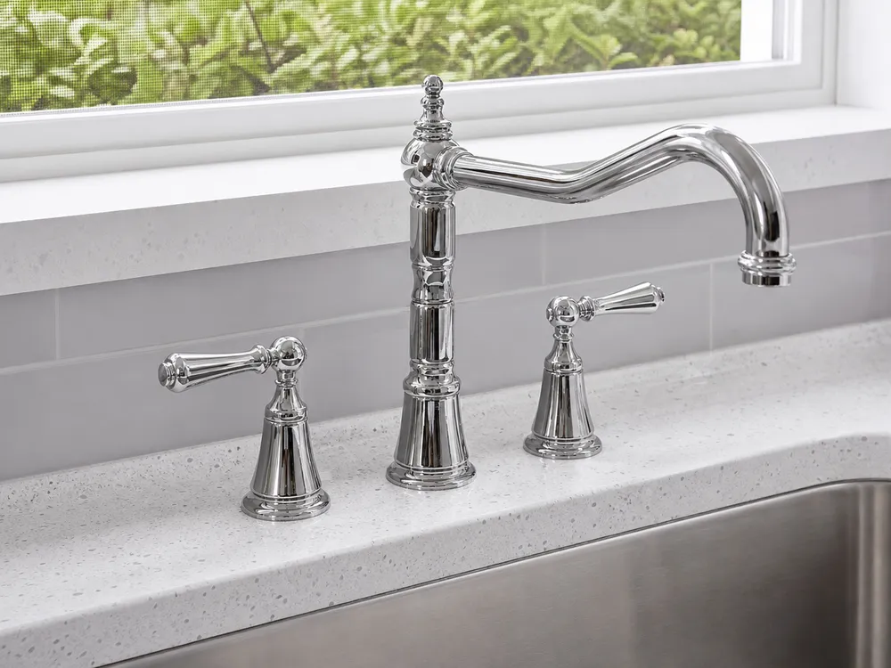 3-hole deck mount kitchen faucet two handle configuration at 4-inch centers
