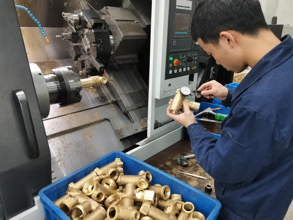 CNC machining of brass faucet body with valve seat thread tolerance verification