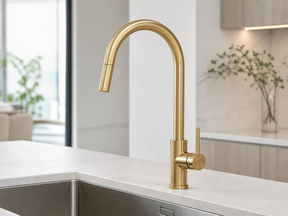 Brushed gold PVD finish deck mount kitchen faucet — luxury warm tone for premium and hospitality projects