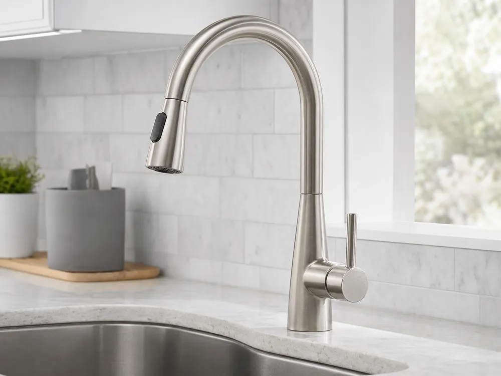 Brushed nickel finish deck mount kitchen faucet — warm satin tone for contemporary residential
