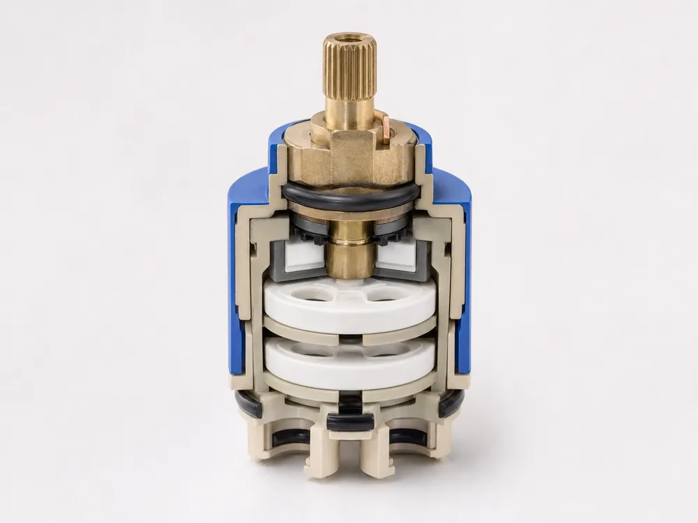 Ceramic disc cartridge cutaway showing disc stack and sealing surfaces