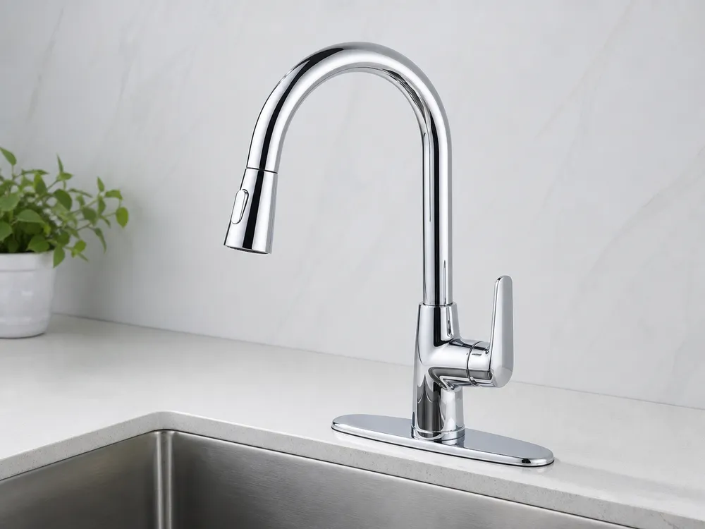 Chrome finish deck mount kitchen faucet — high-gloss reflective surface for broad market appeal