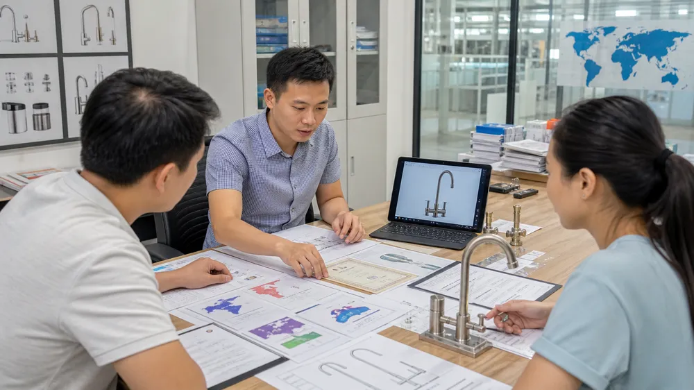 Compliance certification documentation for deck mount kitchen faucets across US, EU, and AU markets