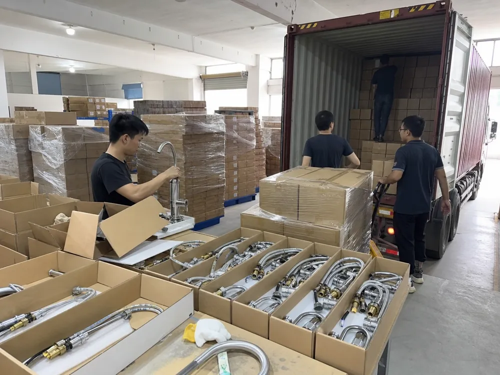 Container loading and packaging for deck mount kitchen faucets