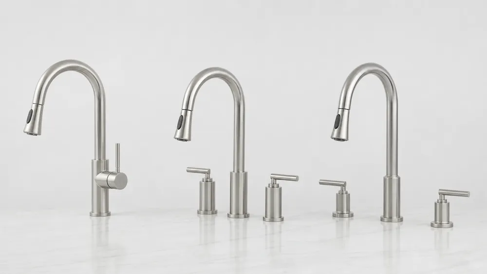 Three deck mount kitchen faucet configurations — single-hole, three-hole, and widespread