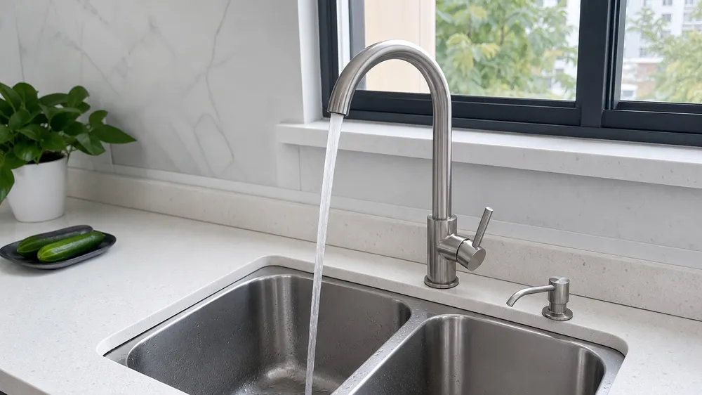 Deck mount kitchen faucet installed through sink deck countertop