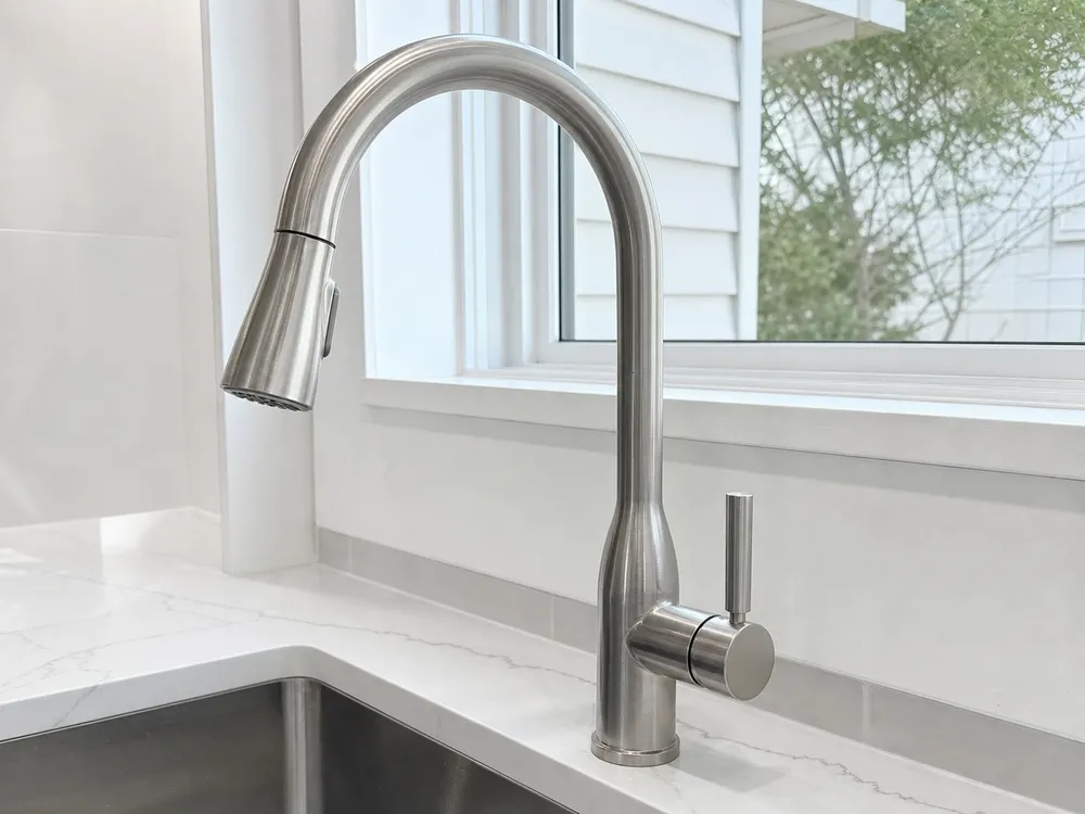 Brushed nickel PVD finish deck mount kitchen faucet