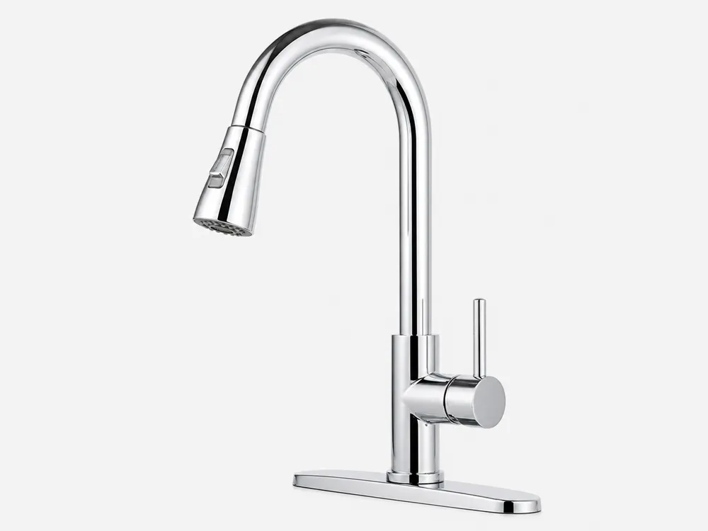 Chrome finish deck mount kitchen faucet — multi-layer electroplated