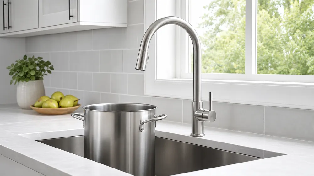 High arc spout deck mount kitchen faucet — tall clearance for large pots and deep sinks