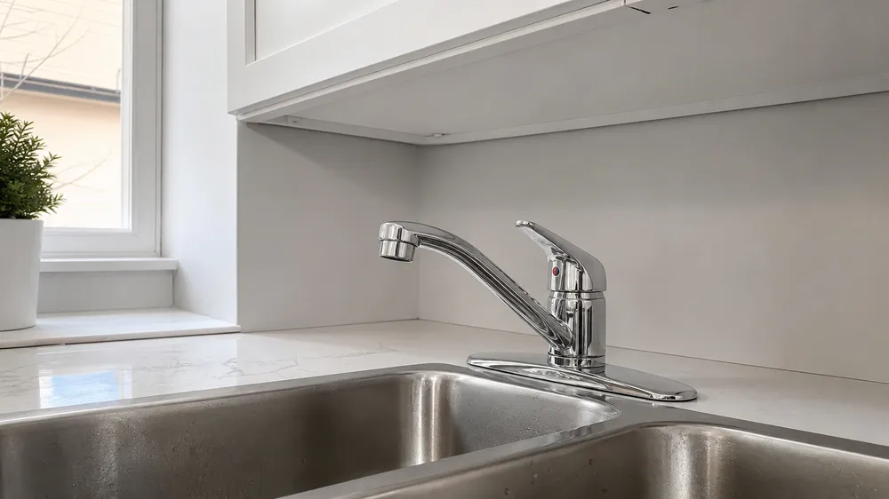 Low arc spout deck mount kitchen faucet — compact profile for under-cabinet clearance and shallow sinks
