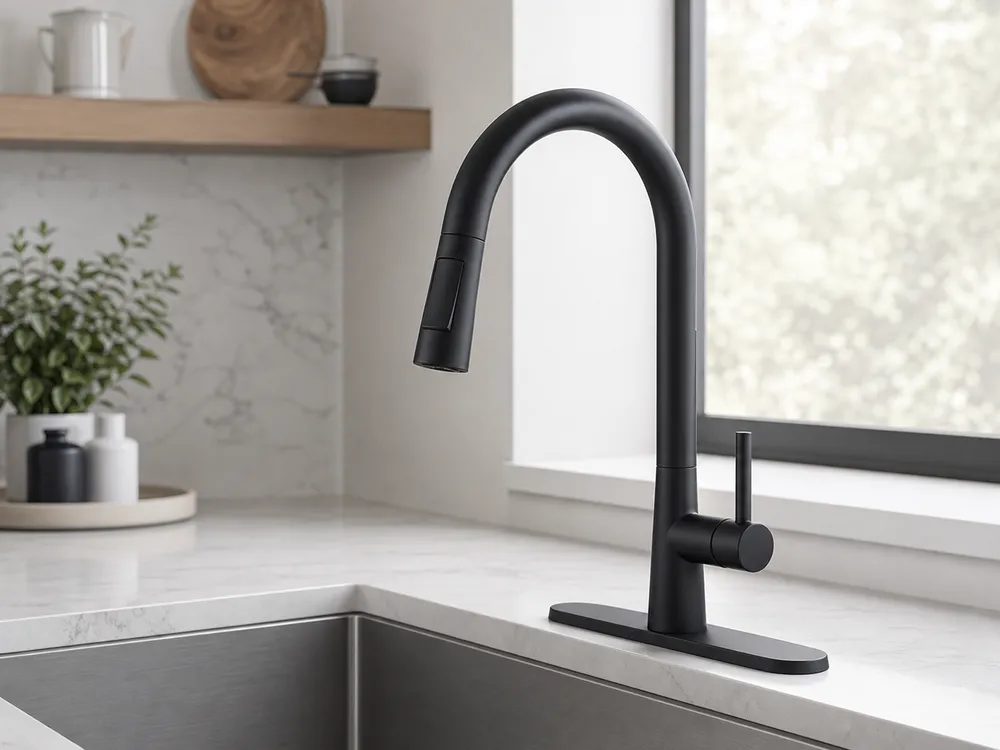 Matte black finish deck mount kitchen faucet — bold contemporary aesthetic for premium residential
