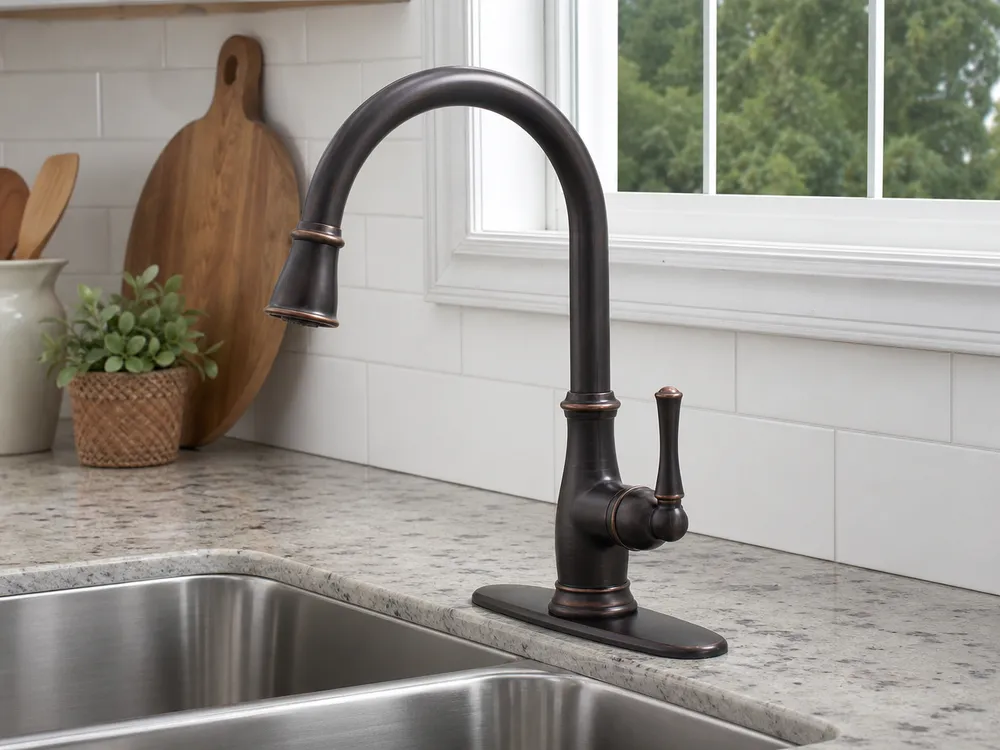 Oil rubbed bronze finish deck mount kitchen faucet — warm dark tone for traditional and transitional kitchens