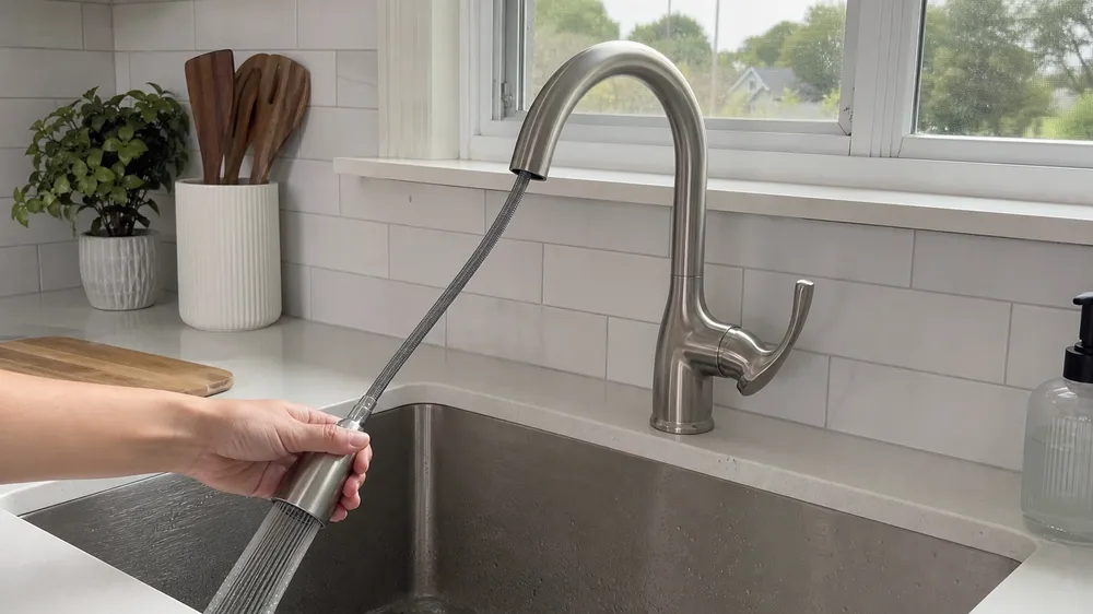 Pull-down spout deck mount kitchen faucet — retractable spray head for flexible rinsing