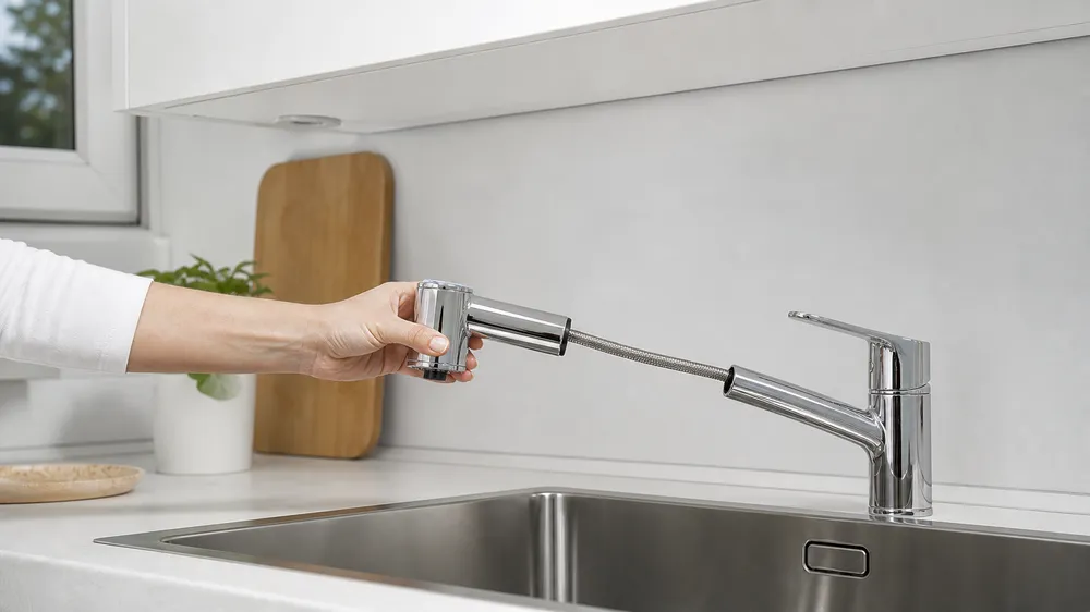 Pull-out spout deck mount kitchen faucet — forward-extending spray head for low-clearance installations