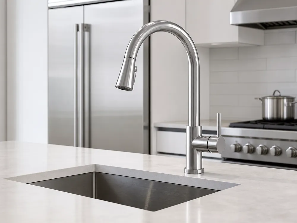 Stainless steel finish deck mount kitchen faucet — professional kitchen aesthetic for commercial and residential