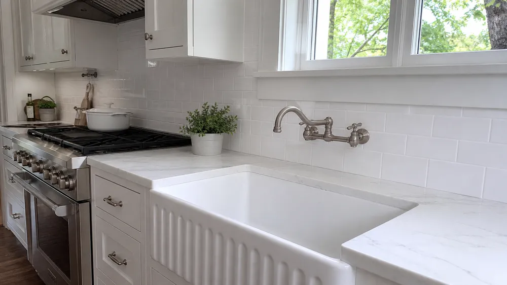 Wall mount kitchen faucet above farmhouse sink in premium kitchen