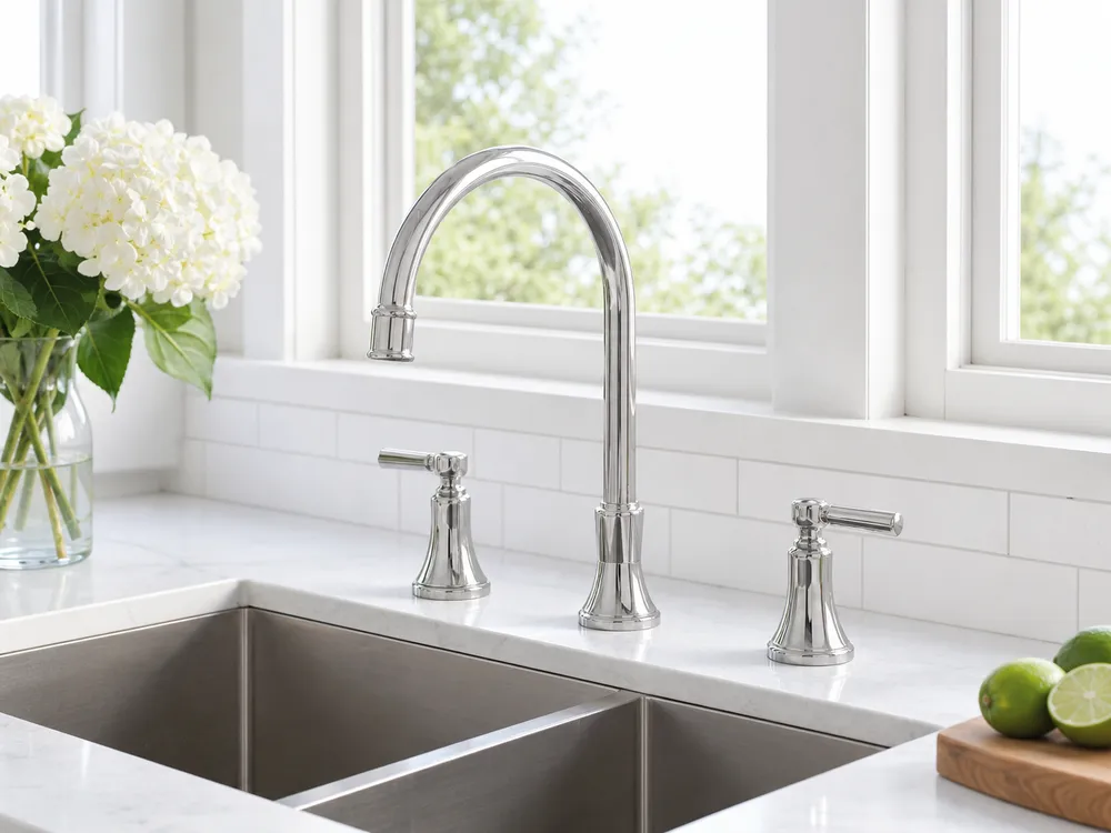 Widespread deck mount kitchen faucet with 8-inch handle spread for premium residential and hospitality