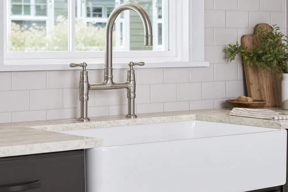 Farmhouse kitchen faucet mounted on apron-front sink showing bridge-style body, high-arc spout, and wide deck spacing