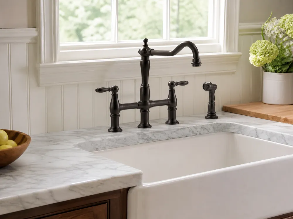 Farmhouse bridge faucet positioned alongside apron-front sink in a kitchen catalog context