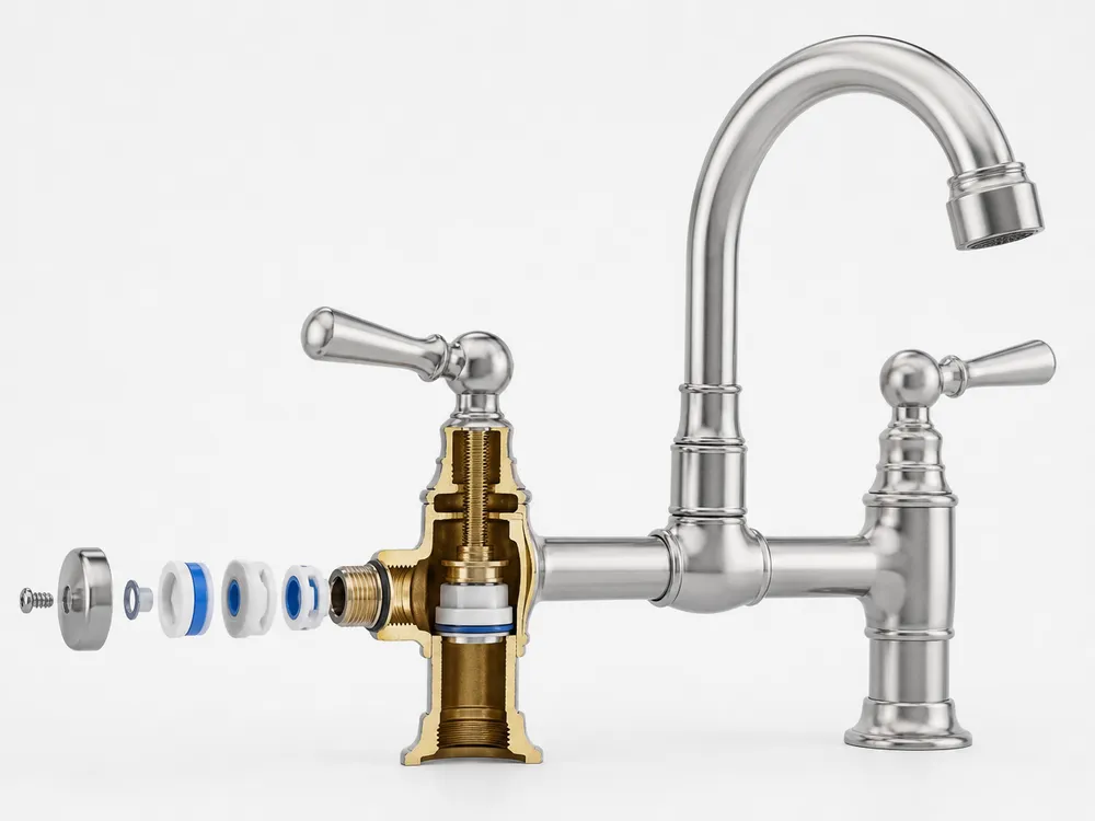 Farmhouse bridge faucet technical detail showing brass body construction and ceramic disc valve