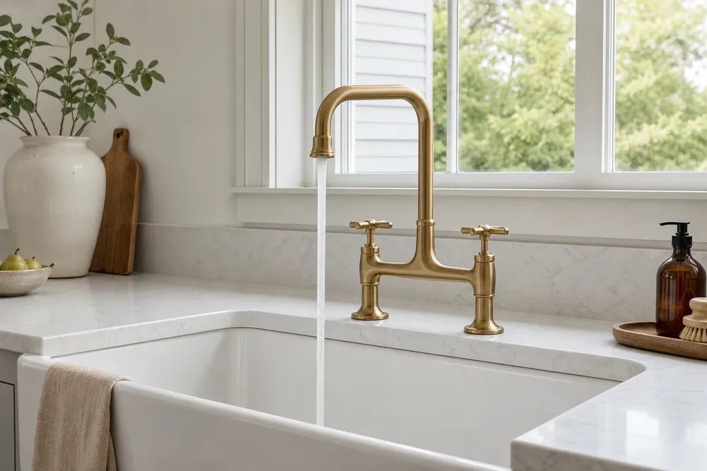 Farmhouse kitchen faucet — two-handle bridge design in brushed gold finish, mounted on apron-front sink