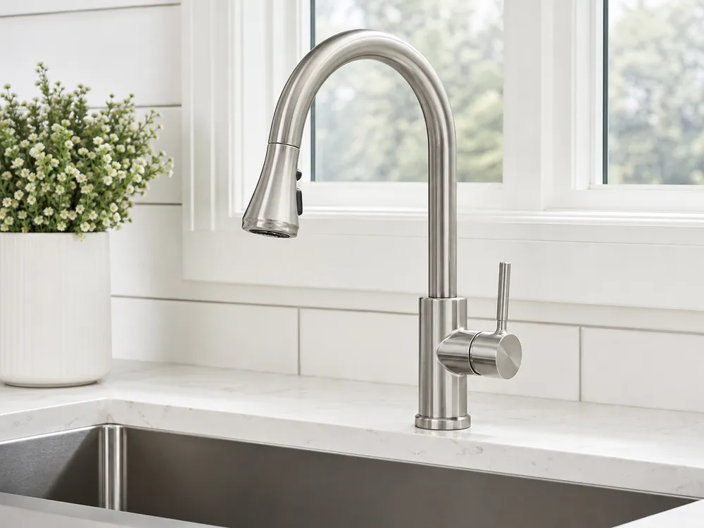 Brushed nickel farmhouse kitchen faucet with PVD coating