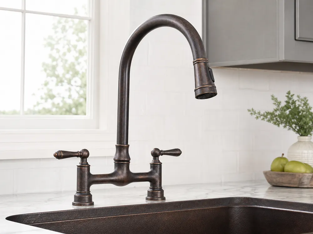 Oil-rubbed bronze farmhouse kitchen faucet showing aged patina finish