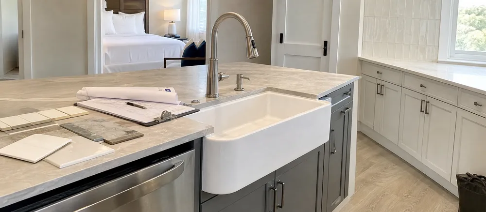 Hotel kitchen renovation with farmhouse faucet specification