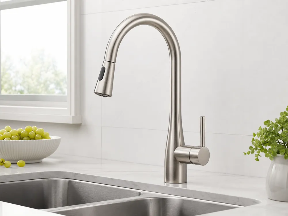 Brushed nickel PVD finish gooseneck kitchen faucet