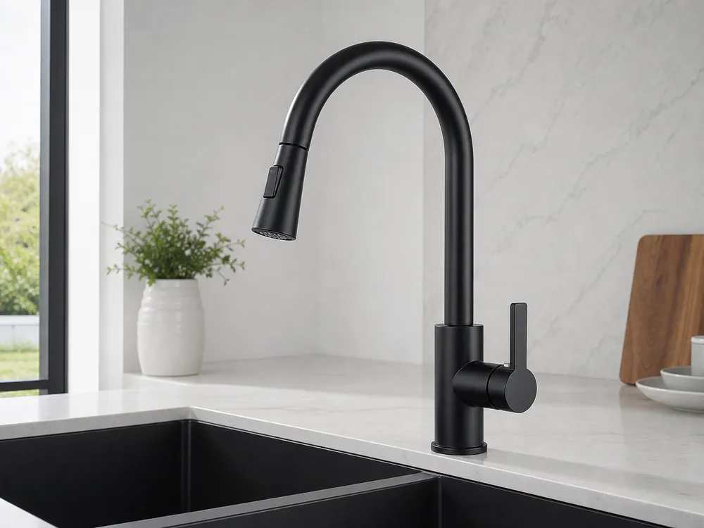 Matte black PVD finish gooseneck kitchen faucet — contemporary design