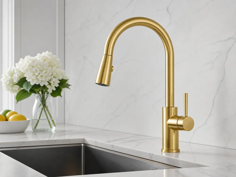 PVD brushed gold finish gooseneck kitchen faucet — luxury and hospitality