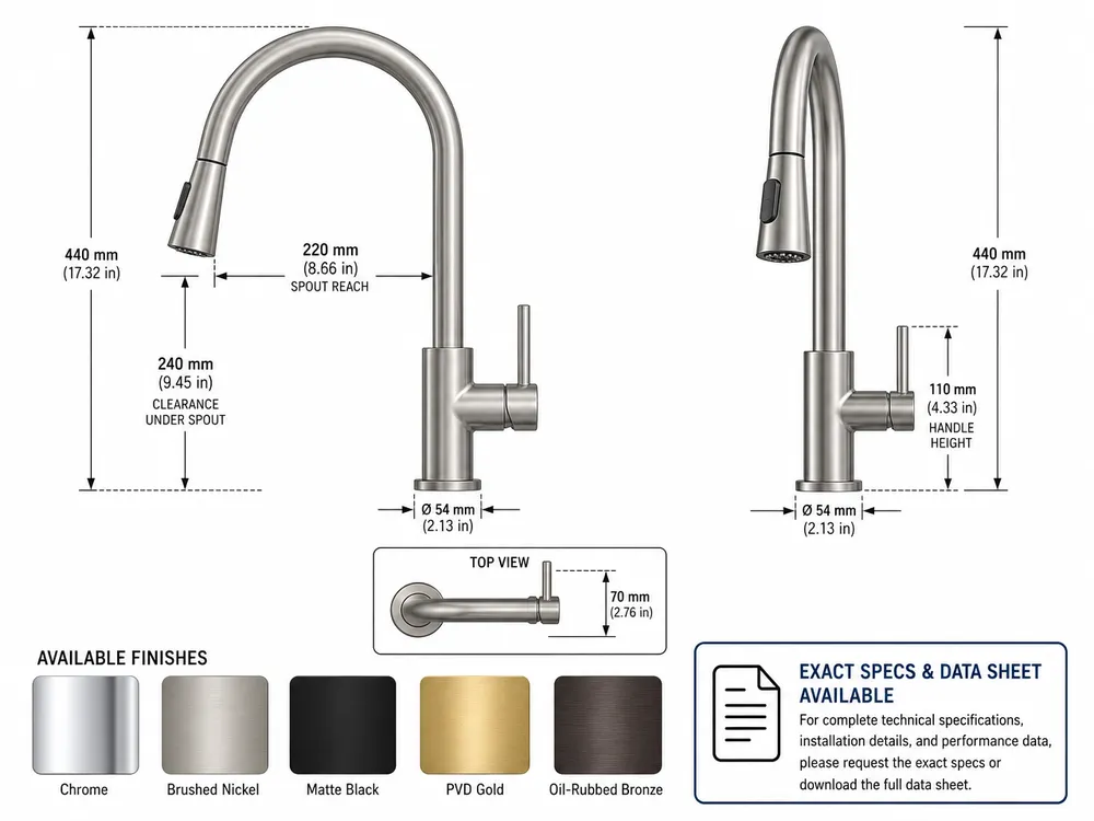 Technical specification diagram showing gooseneck faucet dimensions and measurements