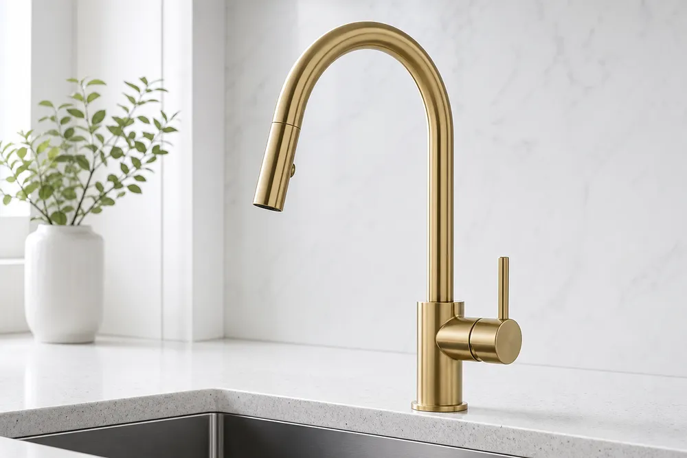 Gooseneck kitchen faucet with high-arc brass body and 360° swivel spout
