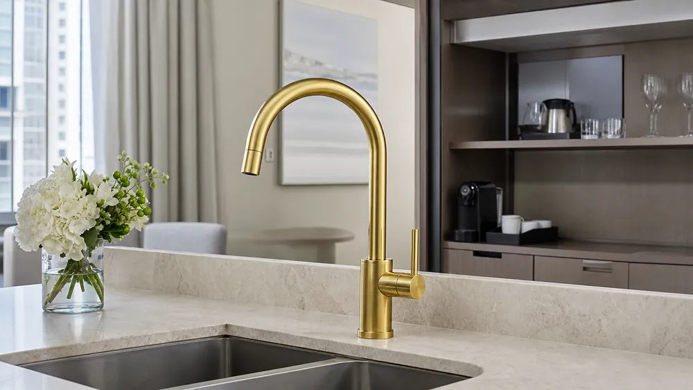 Hospitality and contract specification gooseneck faucet in PVD gold