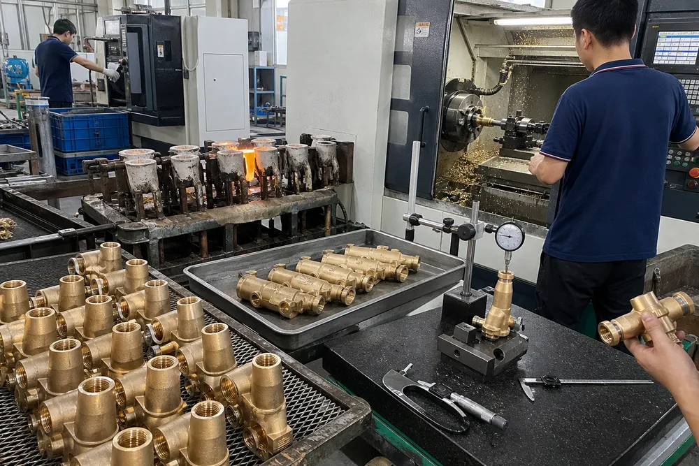 Brass gravity casting and CNC machining process for kitchen faucet bodies at Wfaucet Foshan facility