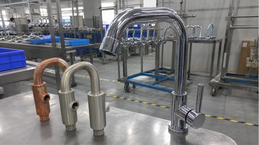 Multi-layer electroplated chrome kitchen faucet with copper base and nickel mid-coat