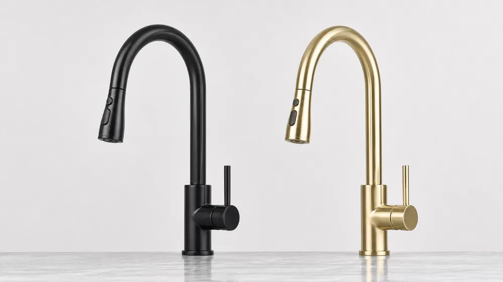 E-commerce and private label kitchen faucets — gooseneck pull-down matte black and brushed gold