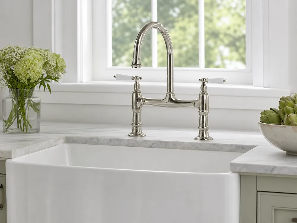 Farmhouse bridge-style kitchen faucet for apron-front sink