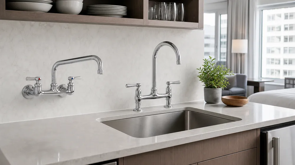 Hospitality and contract specification kitchen faucets — two-handle bridge and wall-mount configurations for hotels