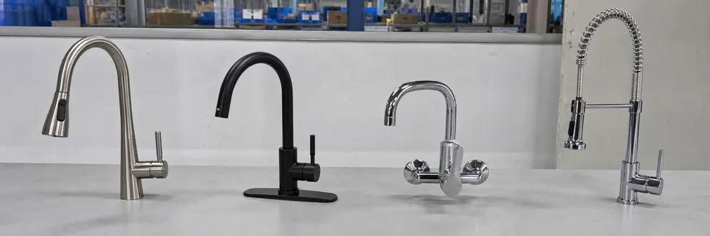Kitchen faucet configurations across market channels — pull-down, deck-mount, wall-mount, and commercial gooseneck
