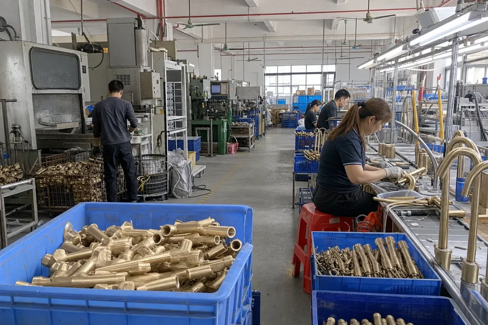 Wfaucet kitchen faucet manufacturing facility — brass casting and assembly line in Foshan