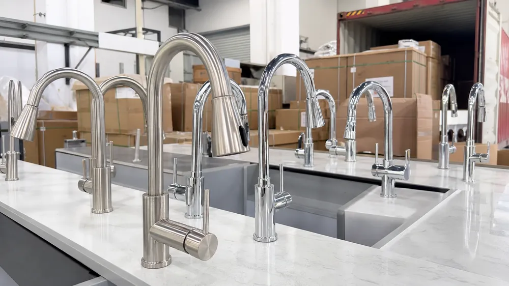 New construction project supply — chrome and brushed nickel deck-mount kitchen faucets for residential developments