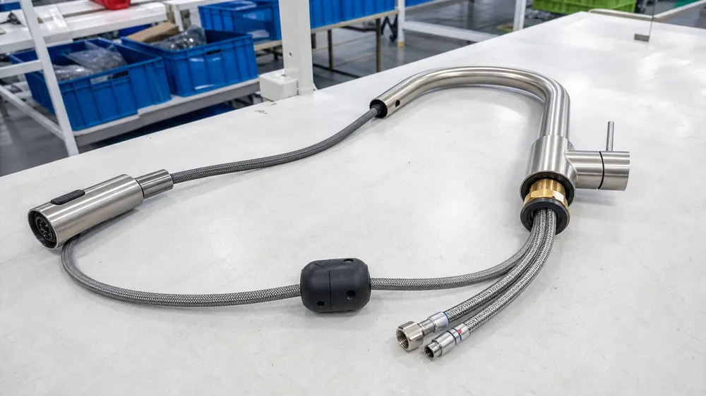 Braided stainless hose and counterbalance weight system on pull-down kitchen faucet