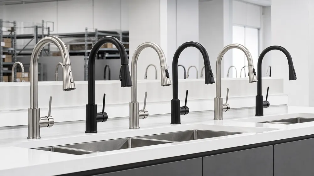 Residential renovation kitchen faucet distribution — brushed nickel and matte black pull-down faucets
