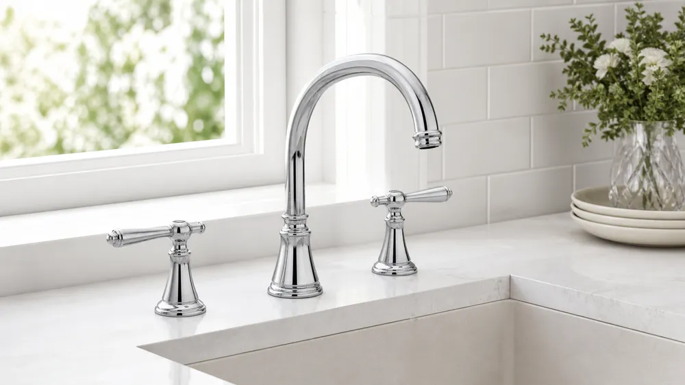Two handle kitchen faucet in widespread configuration for traditional and European markets