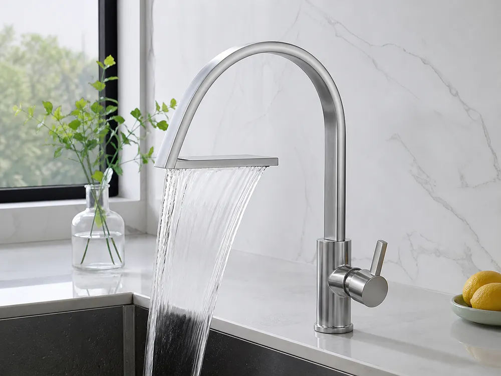 Waterfall kitchen faucet with wide flat spout and sheet-flow water delivery
