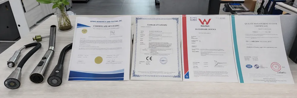 cUPC, CE, WaterMark, and ISO 9001 certification documents for kitchen faucet sprayers